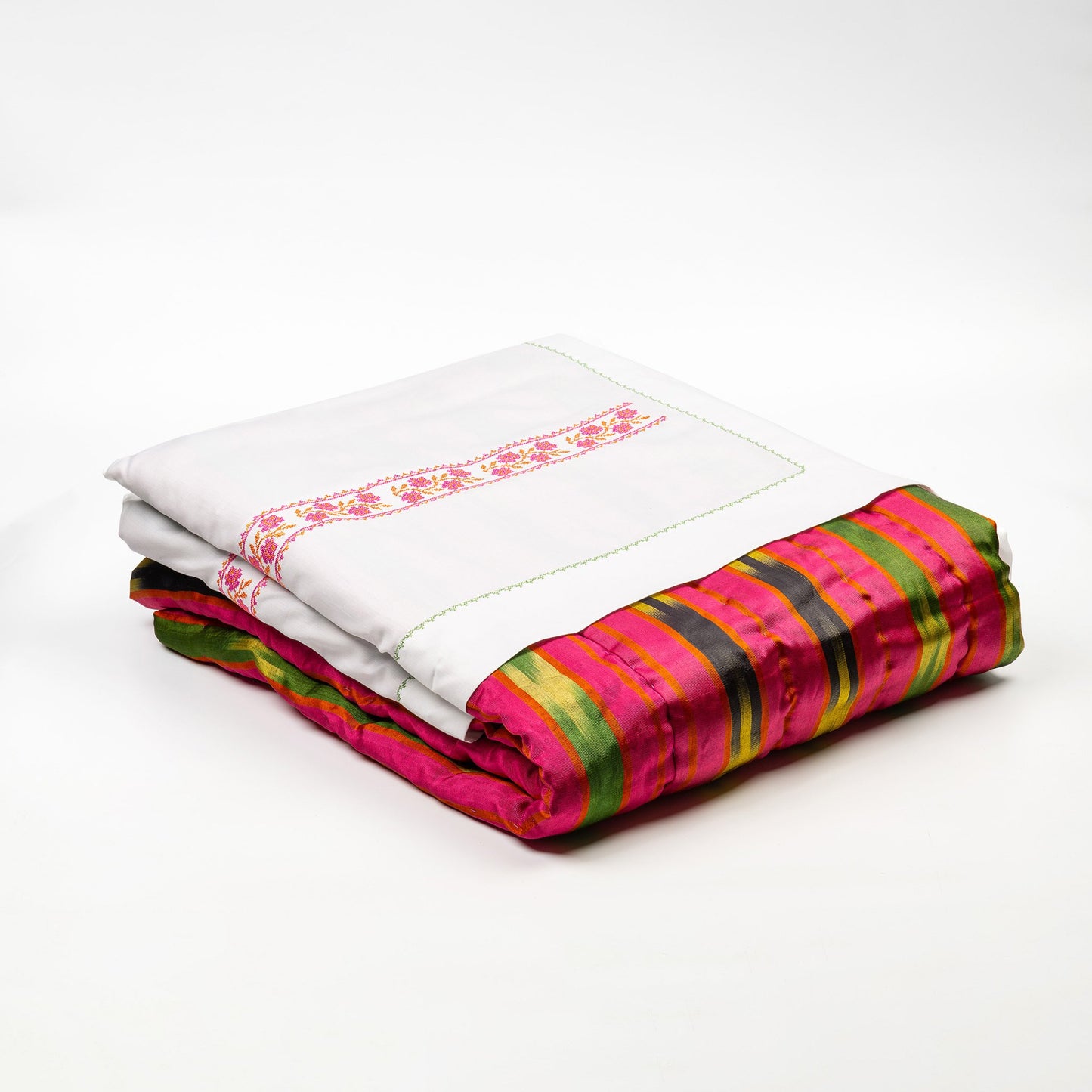 Silk Kutnu Bed Runner /Green Pink Striped